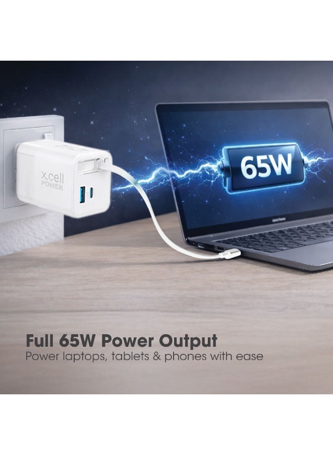 Xcell 65W GaN II USB-C Fast Charger with 65cm Retractable Cable, 3-Port Fast Charging (2 USB-C PD + USB-A QC 3.0), PPS Support, Compact Wall Charger for iPhone 16/17, Samsung & USB-C Devices, White - Image 4